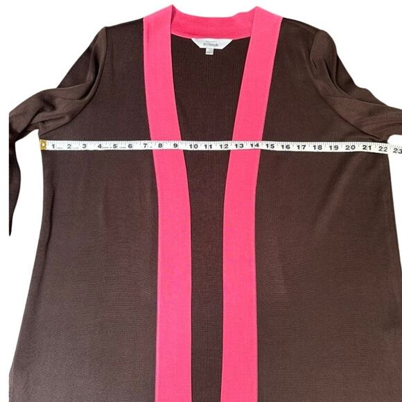 Misook Open Front Knit Cardigan Chocolate Brown with Hot Pink Trim – Size Small - Picture 5 of 6